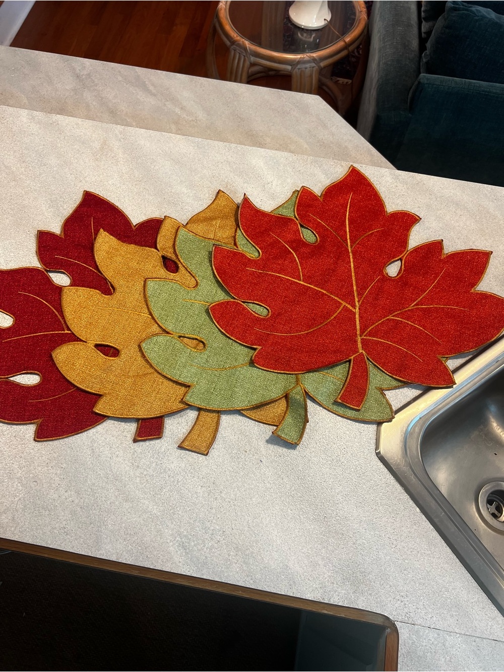 Fall Table Decor Textured Embroidered Maple Leaf Placemats Metallic Woven - Picture 2 of 5